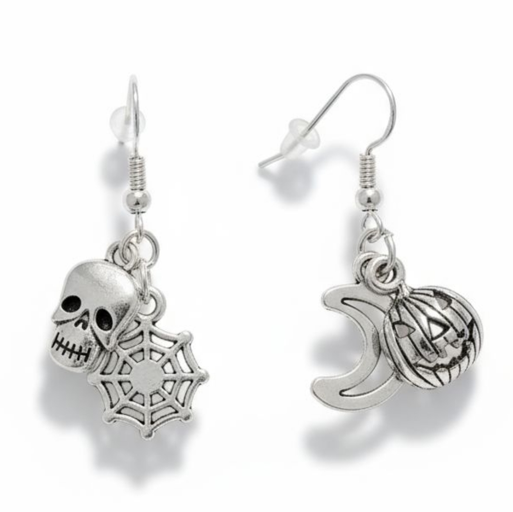 Nwt Adorable Tiny Silver Dangling Halloween Earrings Skull , Pumpkin!!